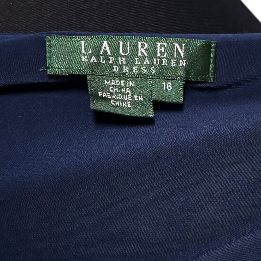 Lauren Ralph Lauren Dress 16 Navy Blue Ruched Faux Wrap Midi Sheath Stretch - Picture 4 of 10